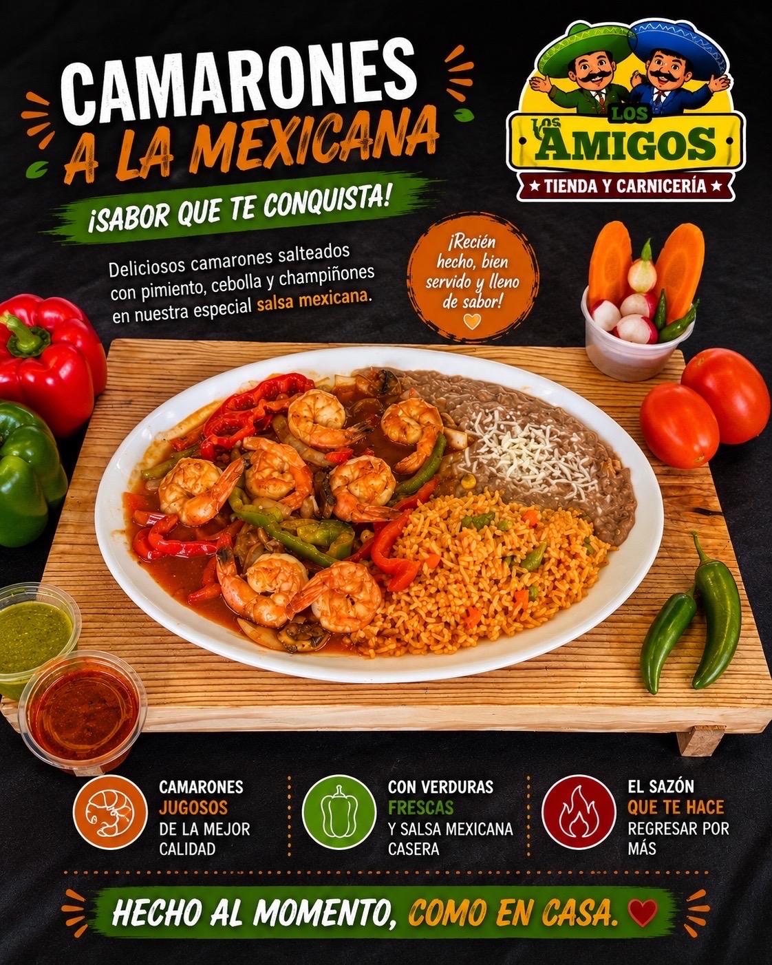 Camarones a la Mexicana plate with peppers, rice, beans, and salsa