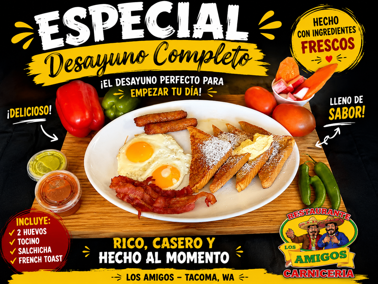 Especial desayuno completo plate with eggs, bacon, sausage, and french toast
