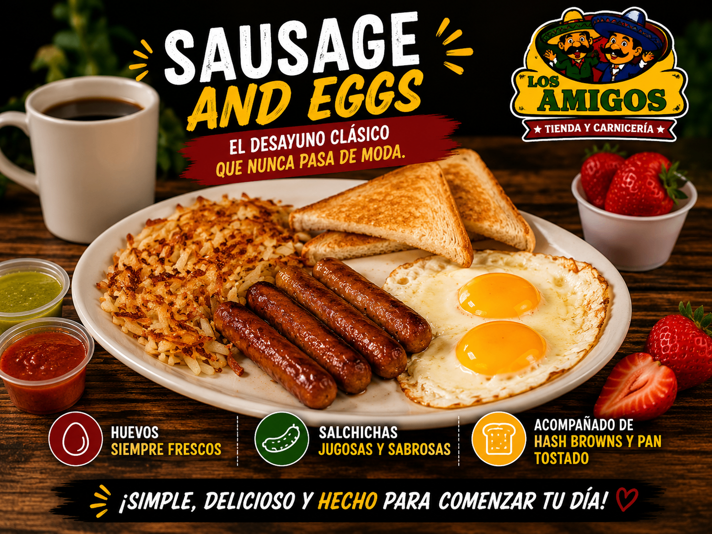 Sausage and eggs breakfast plate with hash browns, toast, strawberries, and coffee