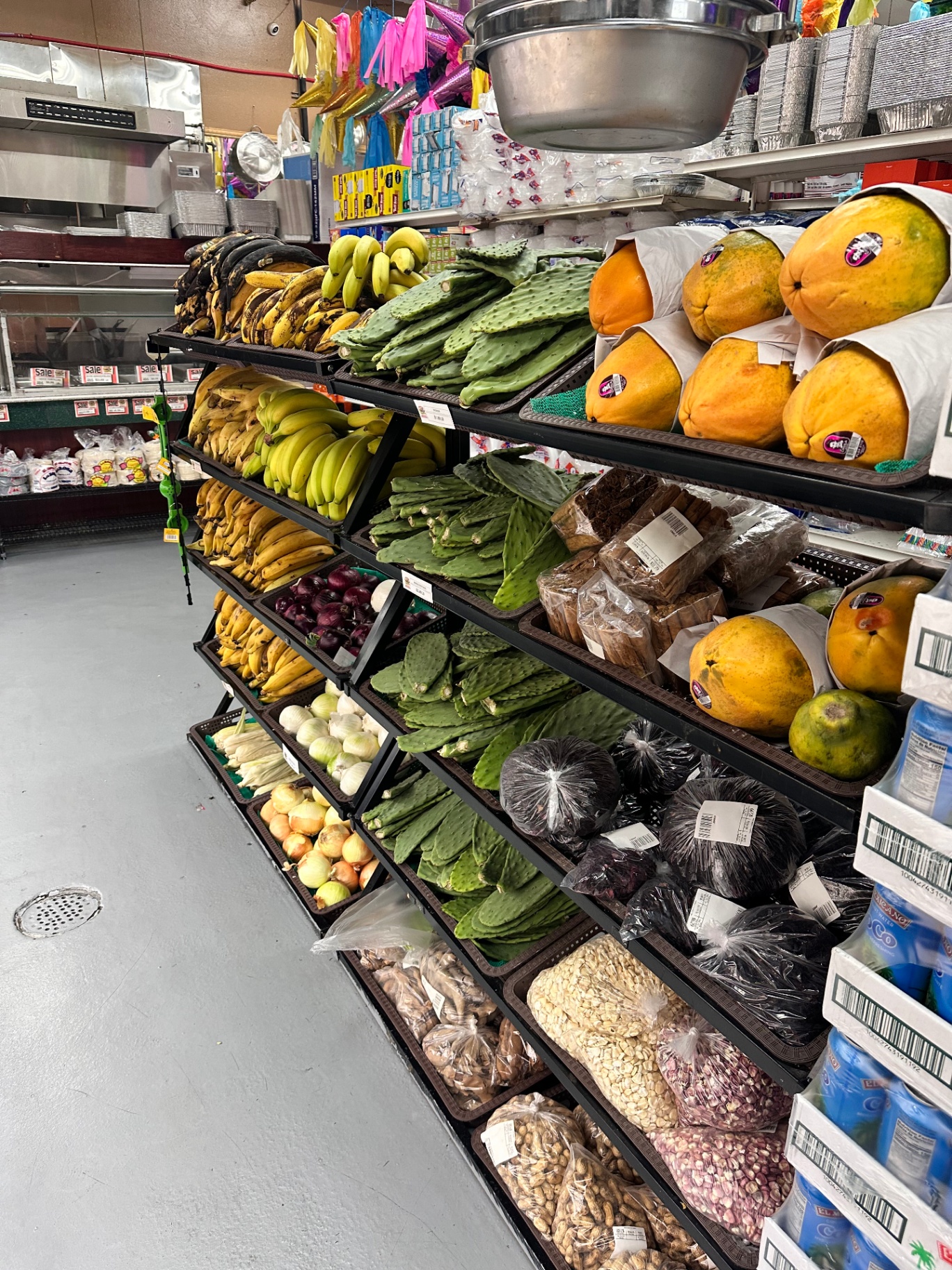 Tropical produce: plantains, papayas, nopales, and dried chiles