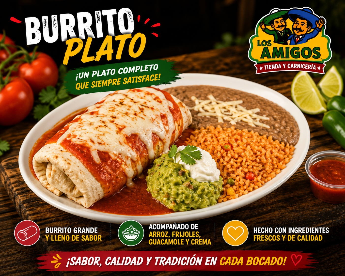 Burrito plate covered in red sauce and melted cheese with rice, beans, guacamole, and crema