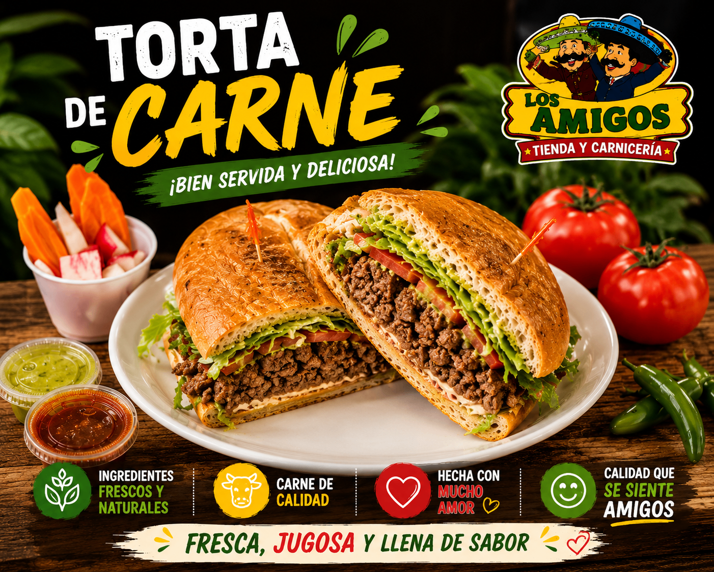 Torta de carne sandwich filled with beef, lettuce, tomato, and avocado