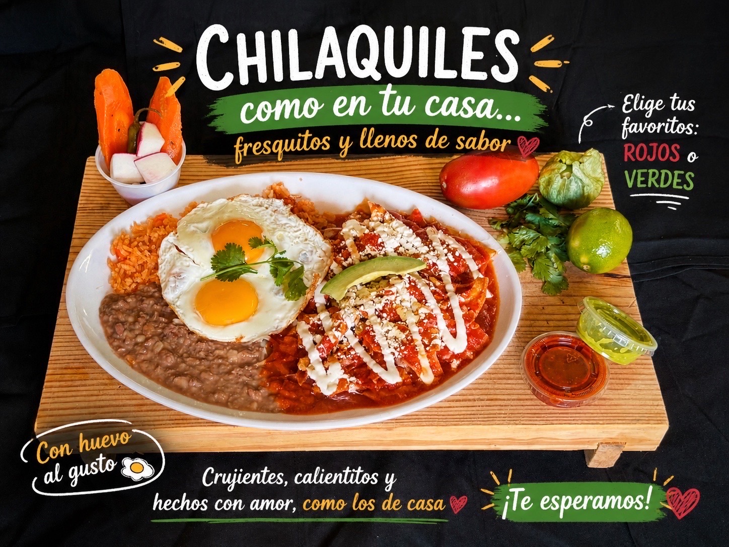 Chilaquiles rojos topped with crema and queso, served with eggs, rice, and beans