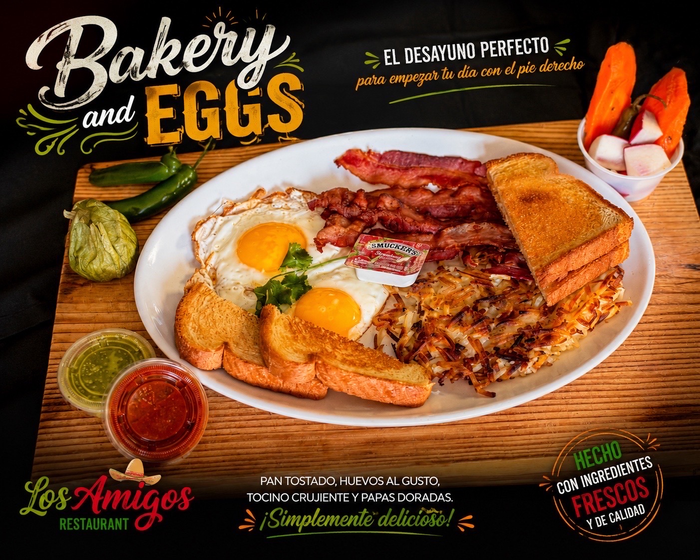 Bakery and eggs breakfast plate with bacon, toast, hash browns, and pickled vegetables