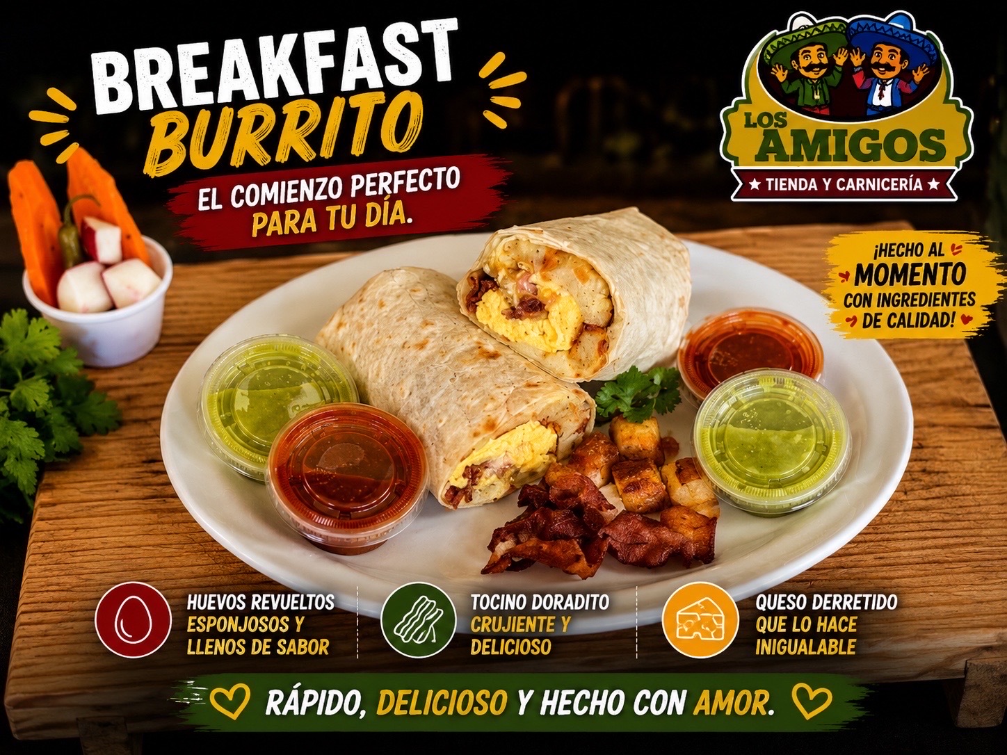 Breakfast burrito plate with salsa cups, bacon, potatoes, and pickled vegetables